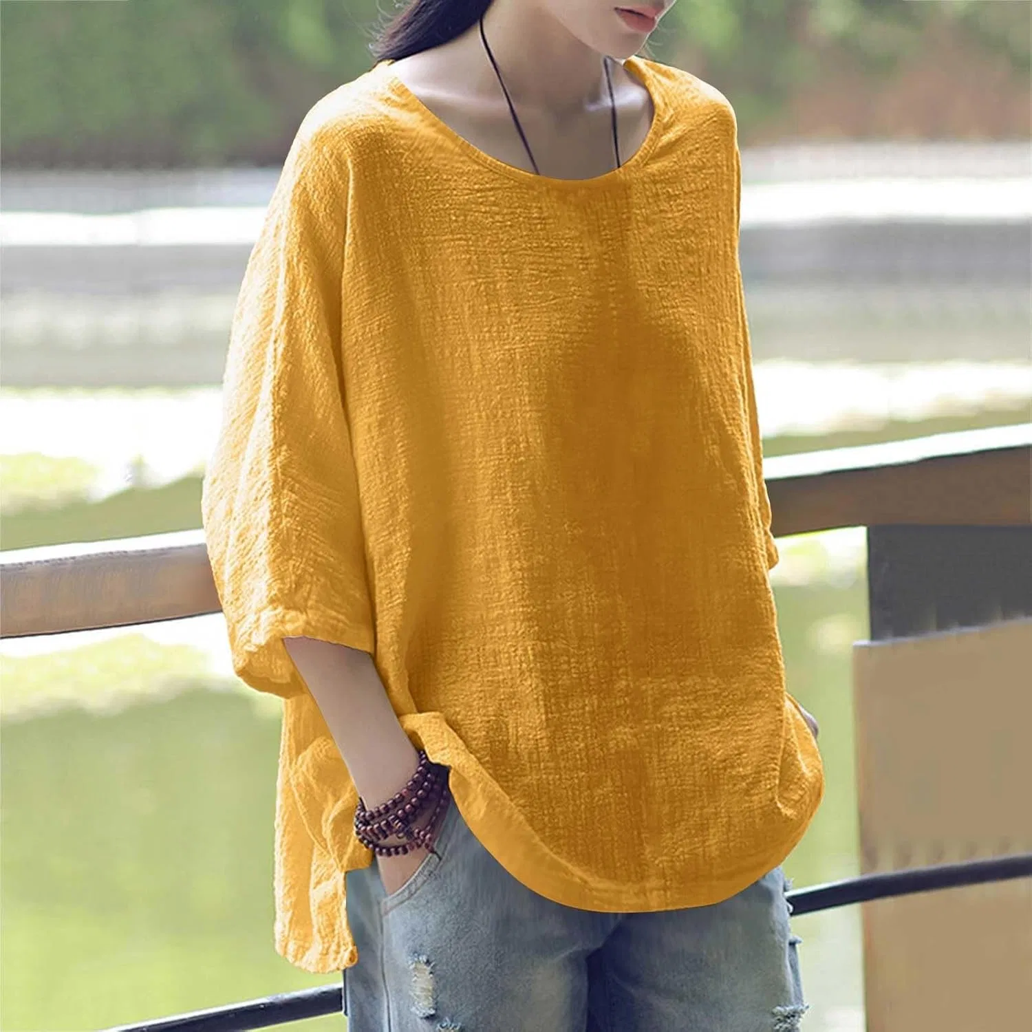 Блуза свободная из хлопка и льна Long T-shirt, желтый — фото 2