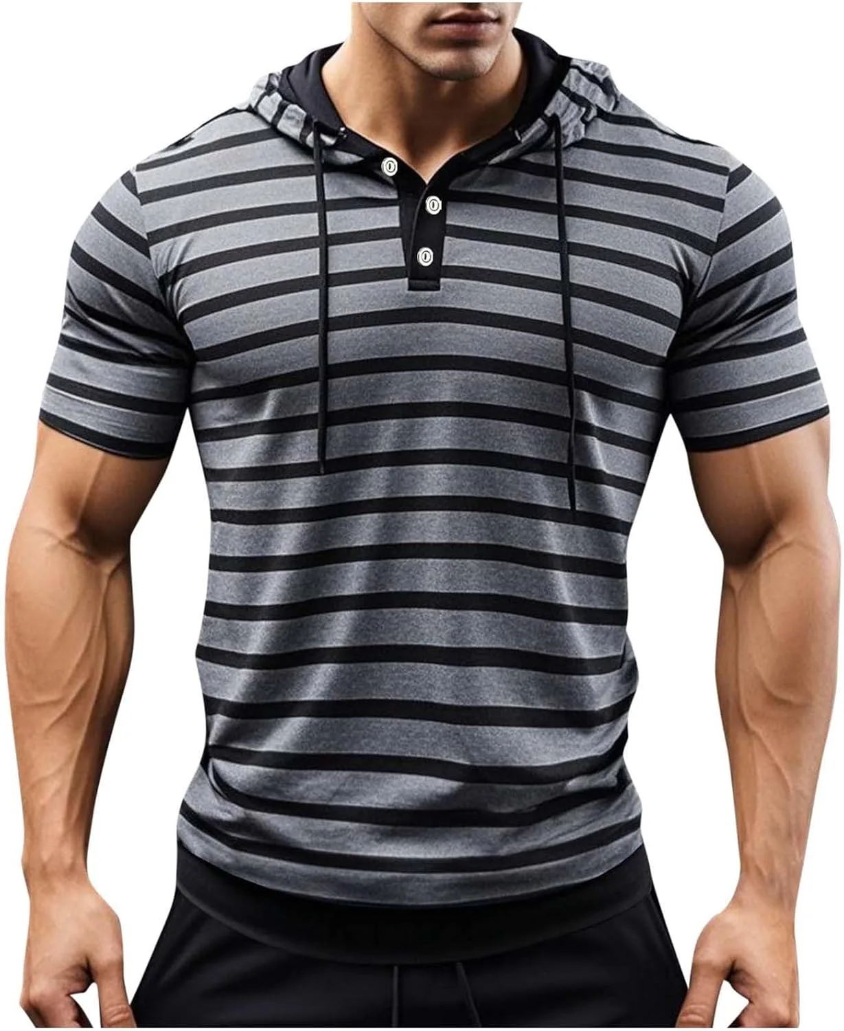 

Мужская полосатая толстовка с коротким рукавом и капюшоном на пуговицах