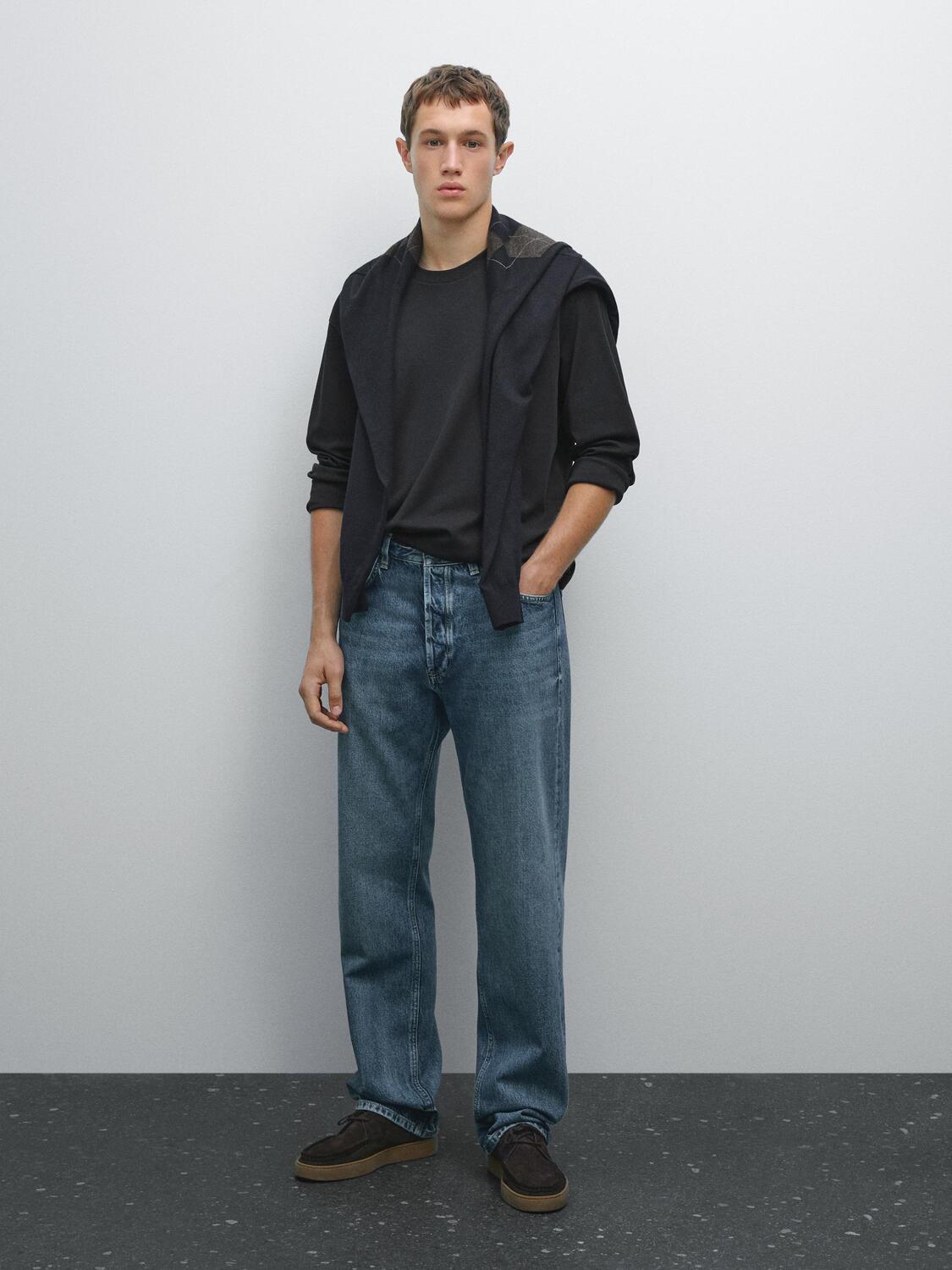 

Футболка с длинным рукавом из хлопка средней плотности Massimo Dutti, темно-синий