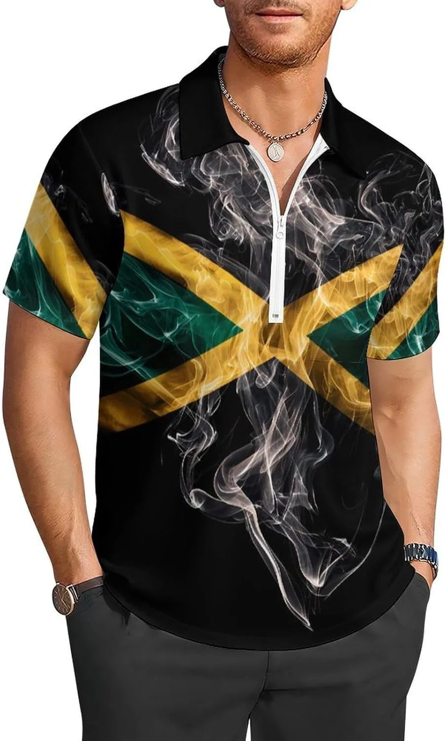 Мужская рубашка поло с принтом, Jamaican Flag Rasta Smoke, на молнии, с карманом, Style