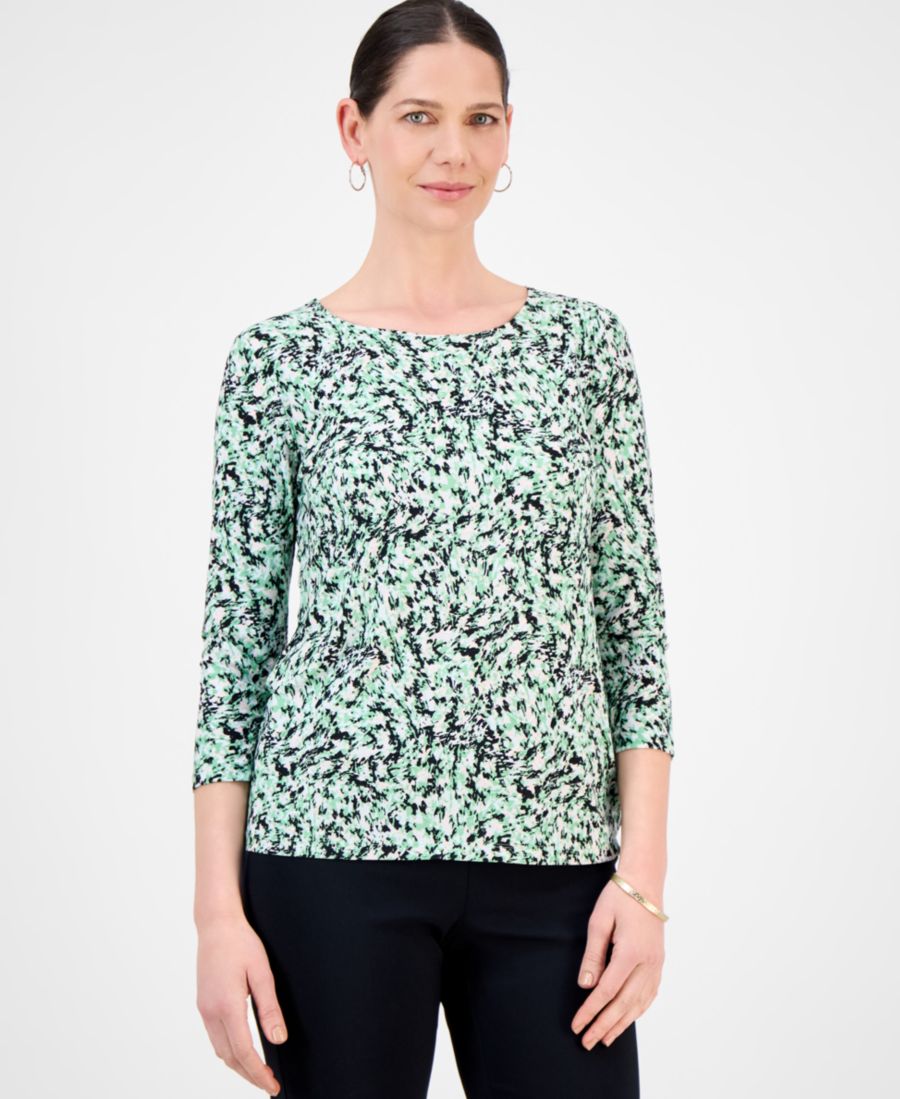 

Женская жаккардовая блузка с рукавами 3/4 и круглым вырезом JM Collection, Blossom Pesto Combo