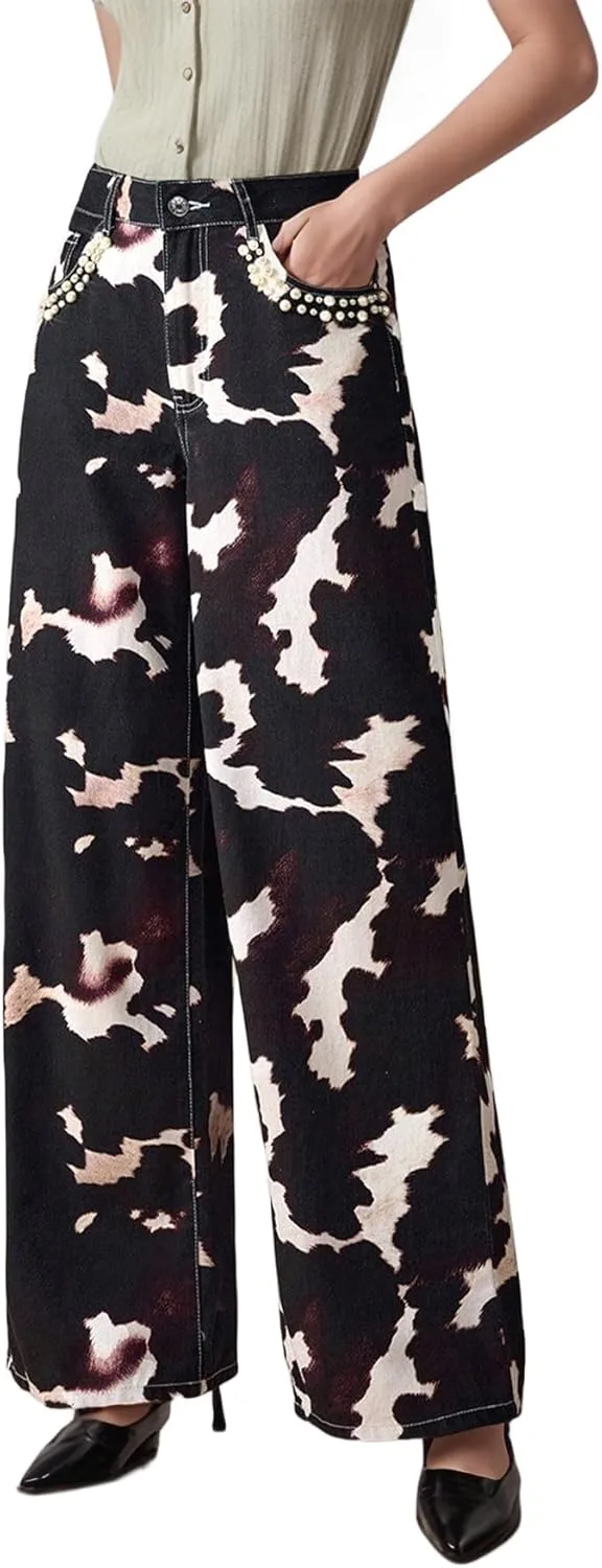 

Прямые джинсы для женщин с принтом коровы, высокие, в стиле Y2K Wonyier