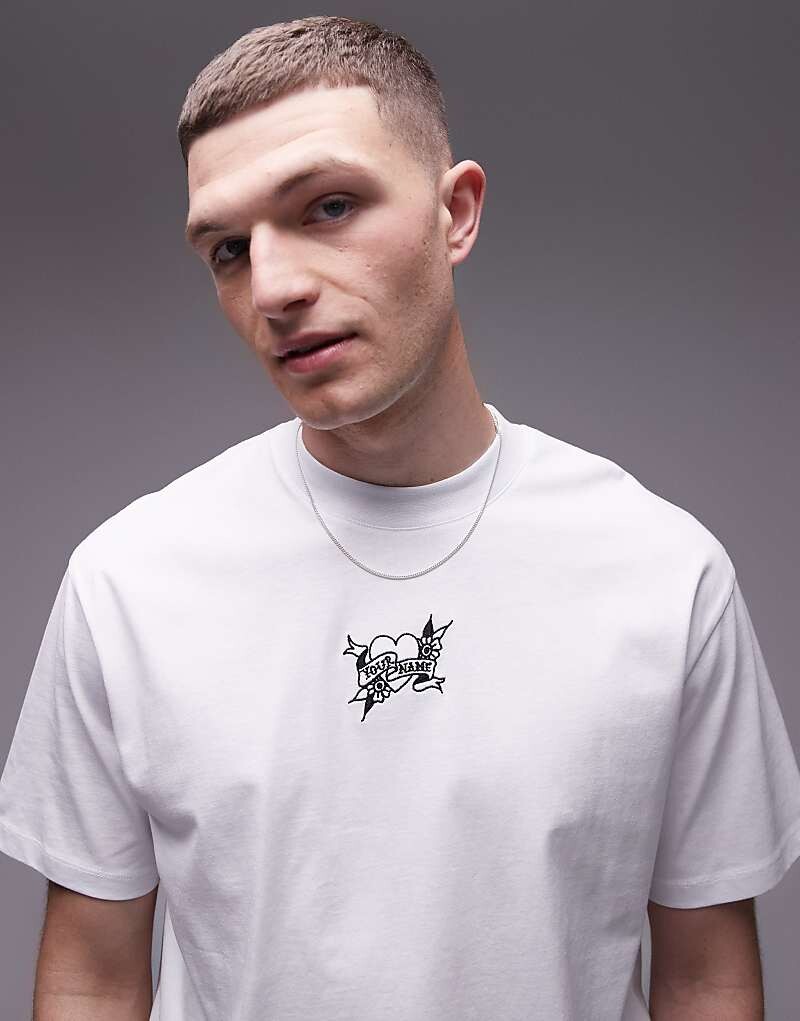 

Topman – белая футболка в стиле oversize с вышитым тату-сердцем и надписью