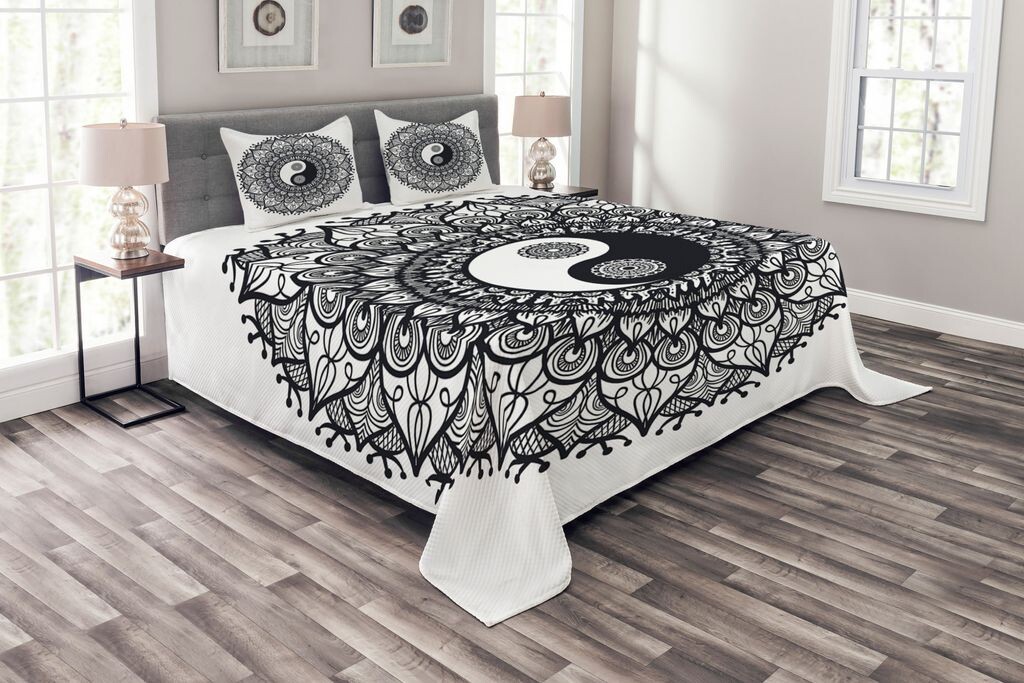 

ABAKUHAUS Комплект покрывала Ying Yang, Bohemian Mendi Art, комплект с моющимися наволочками, для односпальных кроватей 264 x 220 см, угольно-серый белый