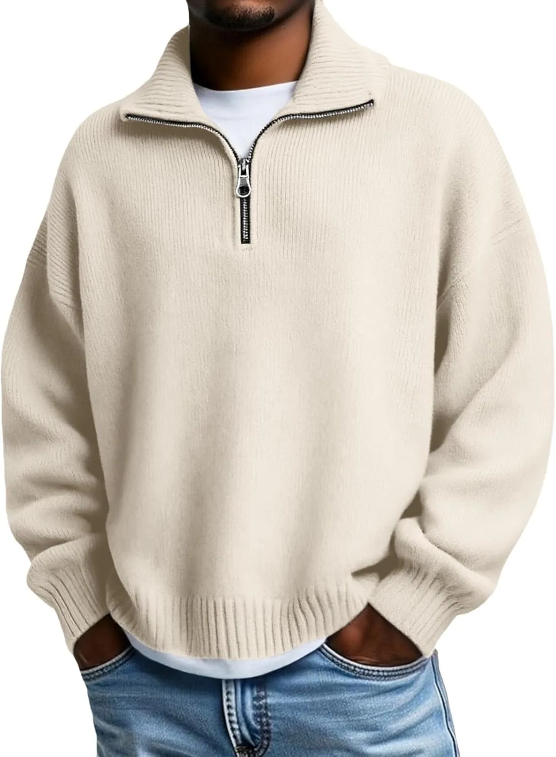 

CRNTCEM Полу-зиппер свитер для мужчин, тяжелый вязаный пуловер с воротником