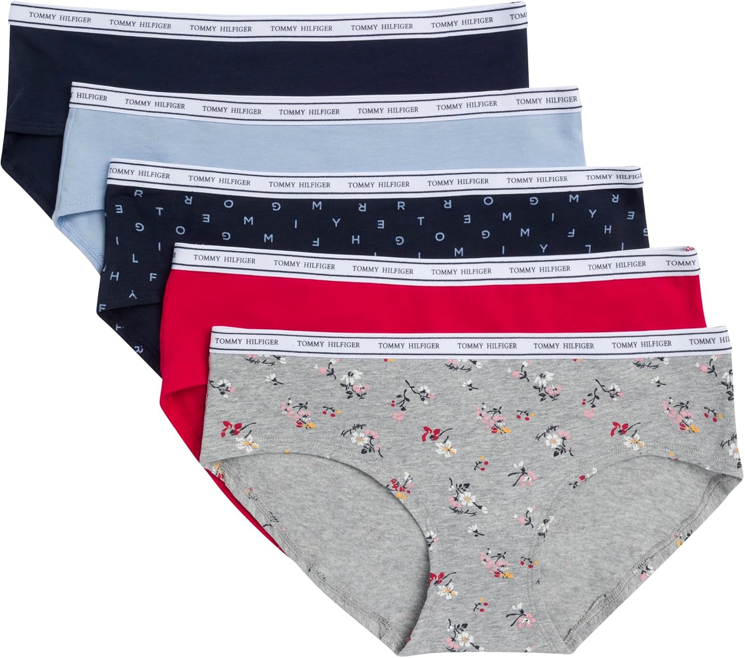 

Женские классические хлопковые трусы-хипстеры Tommy Hilfiger с логотипом на поясе, упаковка 5 пар, Allover Tommy Hilfiger Multi Sky Captain/Forever Blue/Sky Captain/Tango Red/Heritage Floral Heather Grey