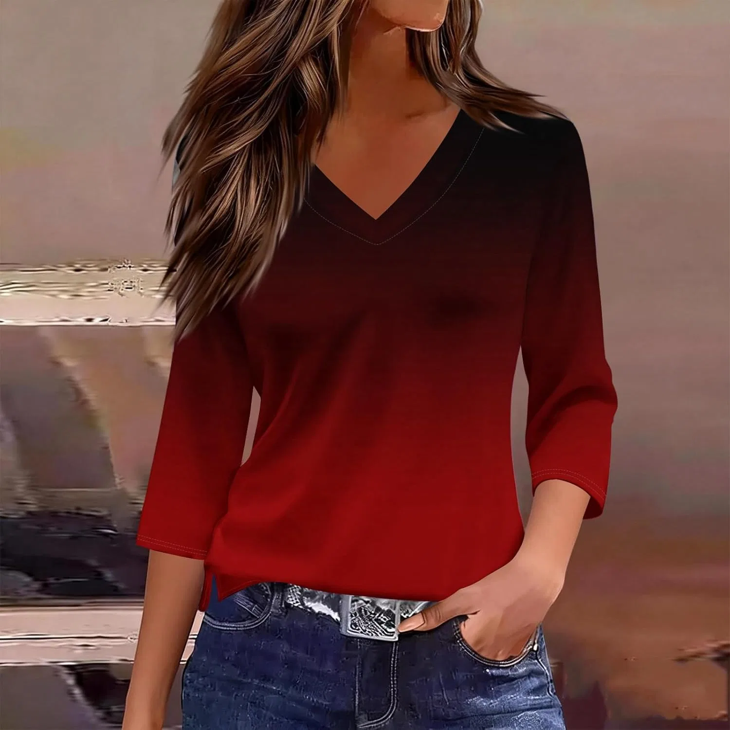Женская футболка с V-образным вырезом, 3/4 рукав, Casual, Wine — фото 2