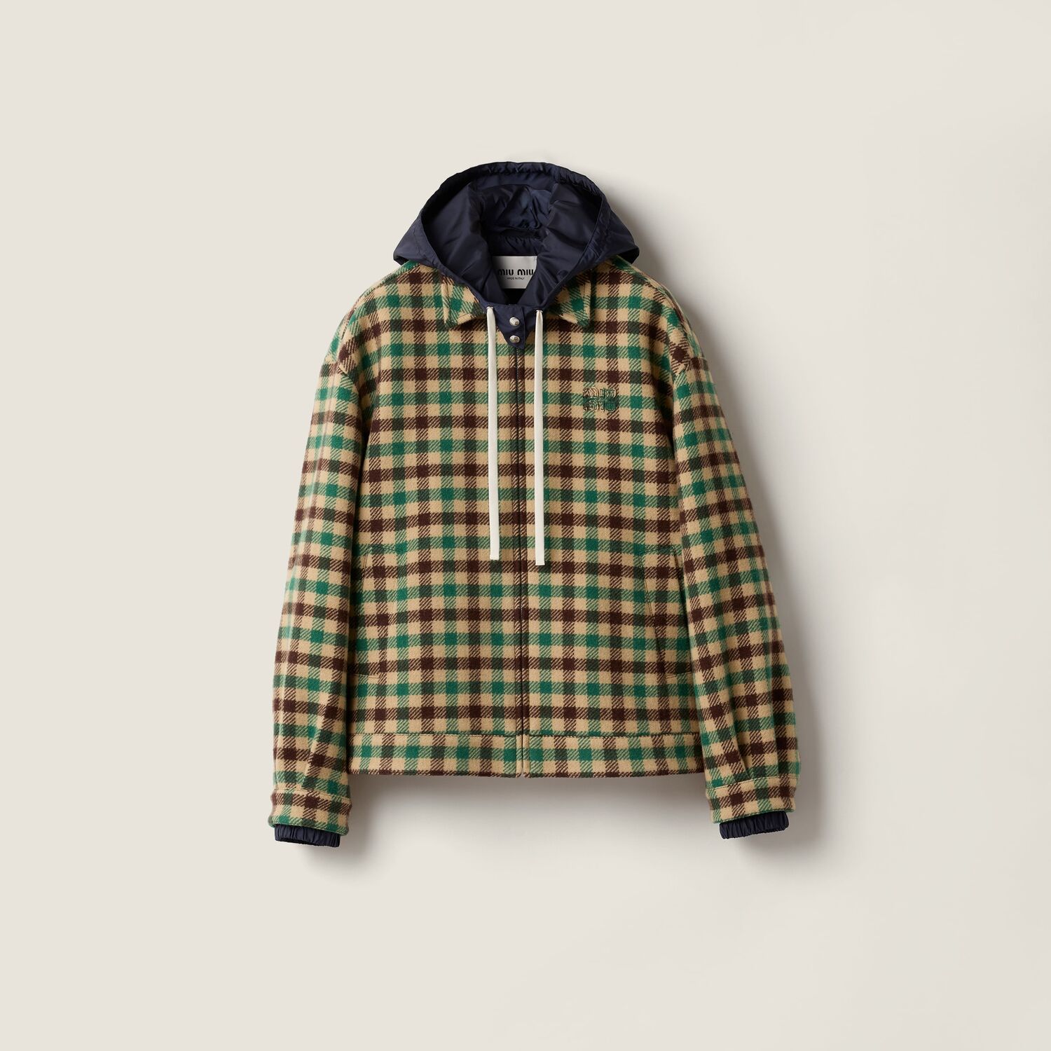 

Куртка из ткани в клетку vichy и технической ткани MIU MIU, кэмел/зеленый/темно-синий