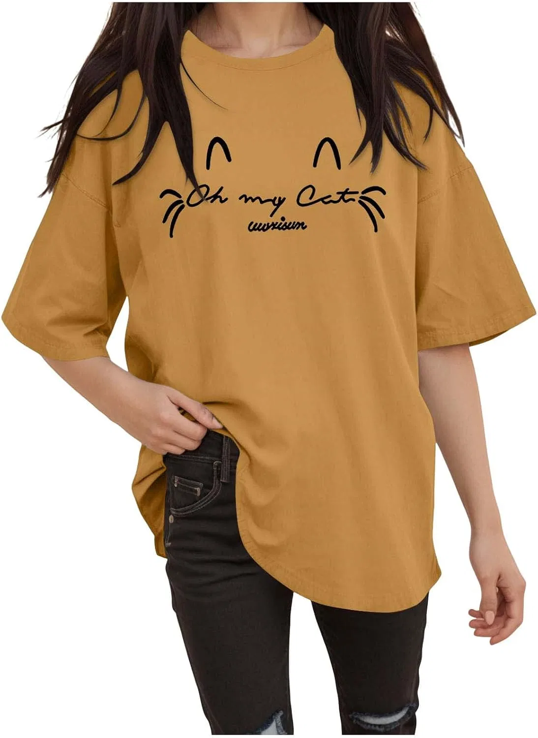 Футболка свободного кроя с круглым вырезом, Women's Short Sleeve T-Shirt, золотой