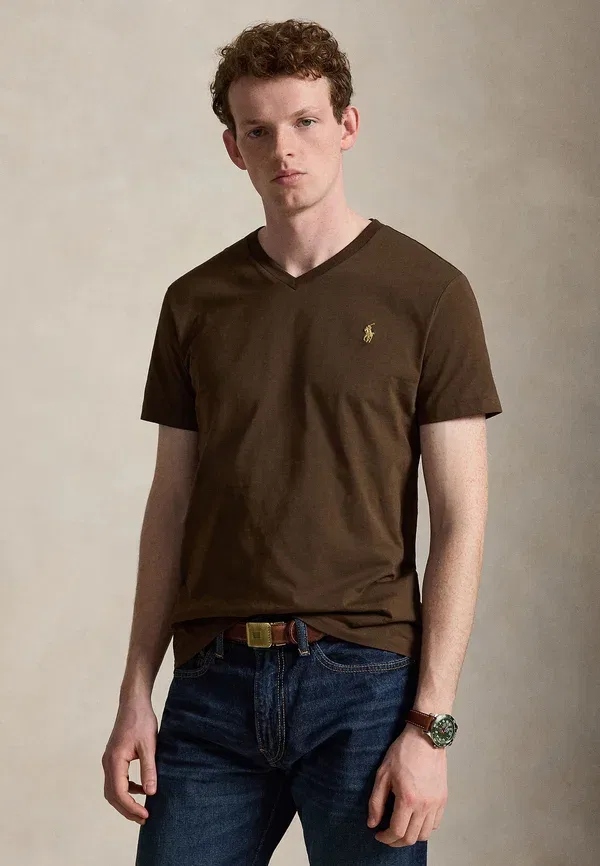Футболка Polo Ralph Lauren Custom Slim Fit Jersey V-Neck Basic, мускатный коричневый