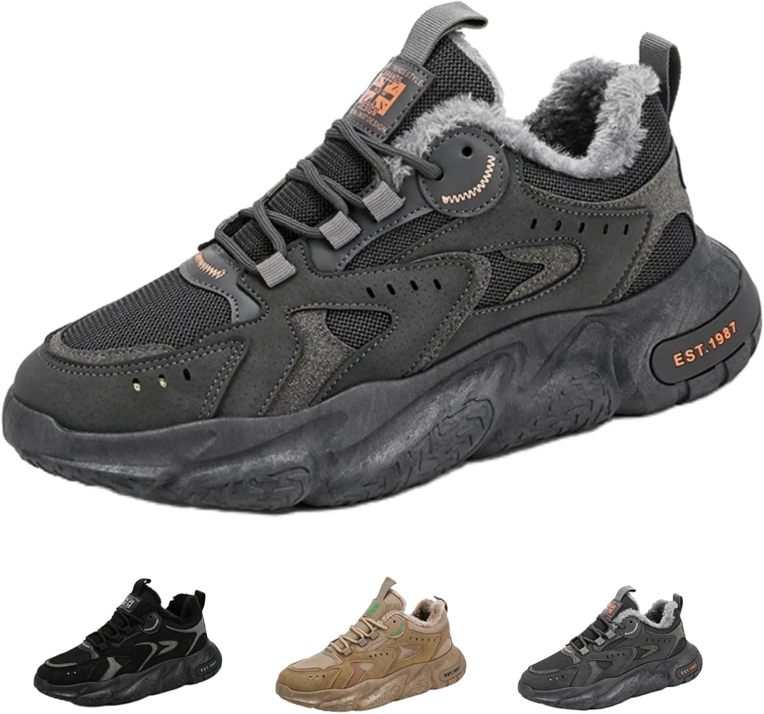 

Мужские зимние кроссовки Ретро «папины» туфли с объемной подошвой, с меховой подкладкой, удобные, с нескользящей подошвой, повседневные спортивные прогулочные кроссовки Macefil, серый