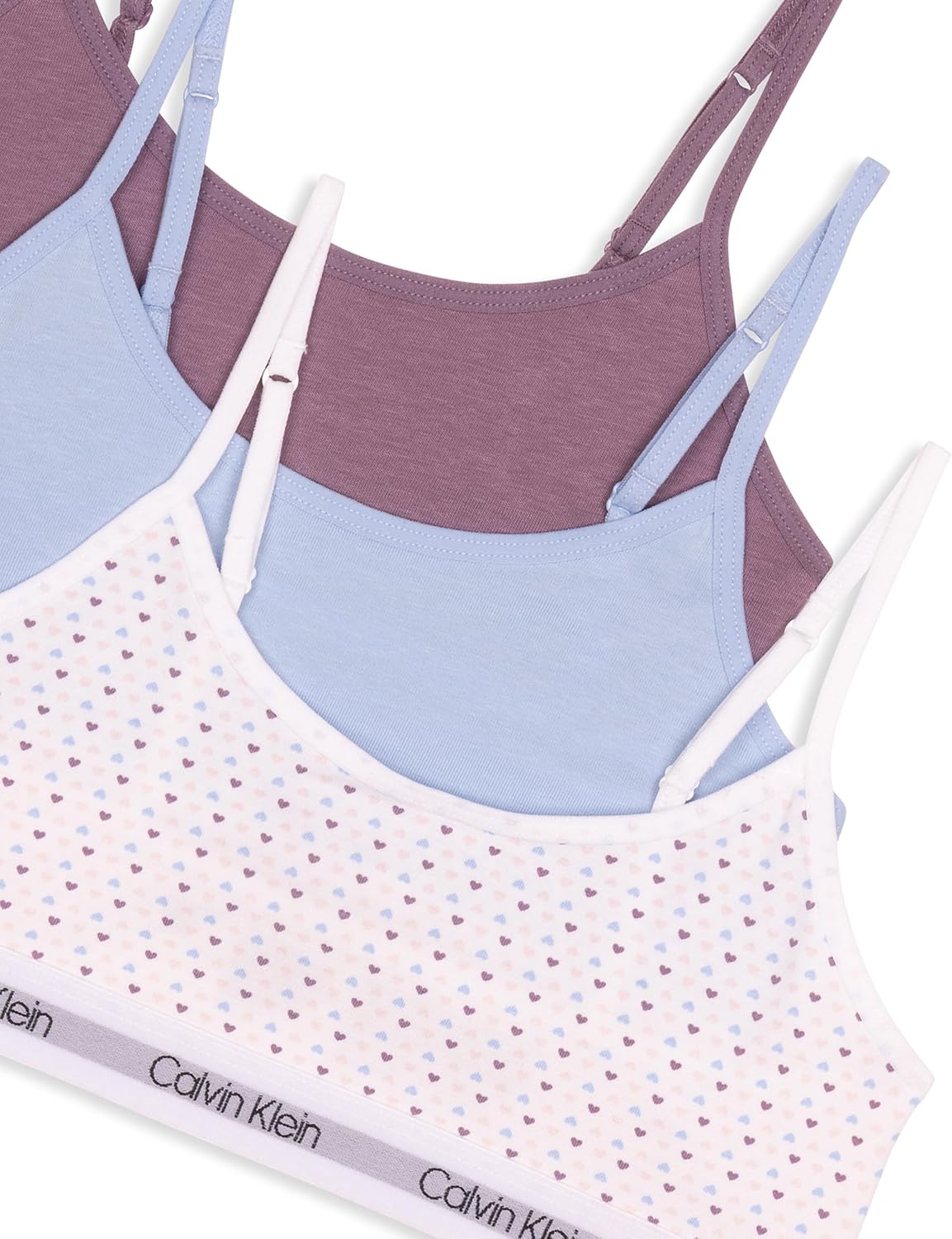 Укороченные хлопковые бюстгальтеры-бралетты Calvin Klein для девочек, упаковка из 3 шт., Pink Multi Heart/Rushing Waters Blue/Refined Plum — фото 3