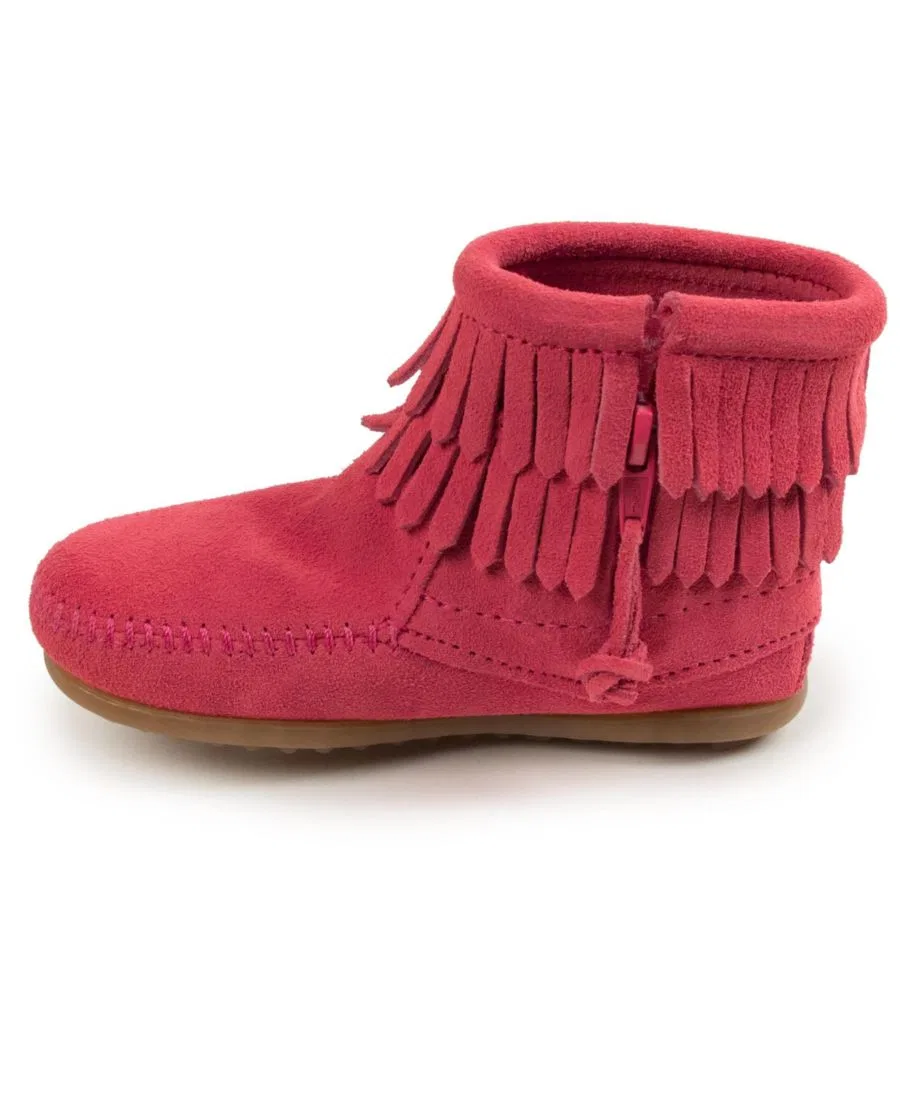 Детские замшевые сапоги с двойной бахромой и боковой молнией Minnetonka, розовый — фото 4