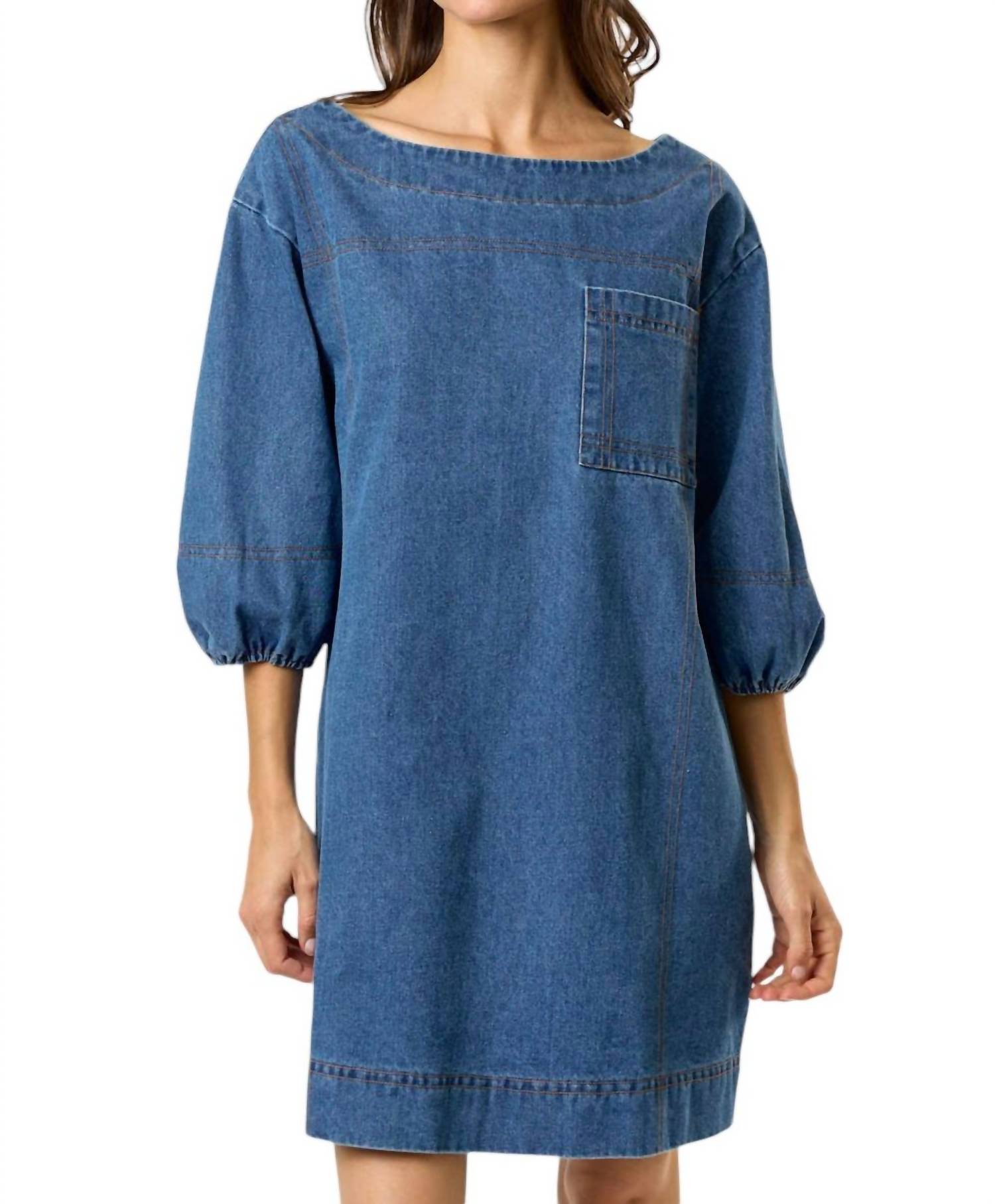 

Мини-платье из денима с рукавами-фонариками, цвет Medium Wash lalavon