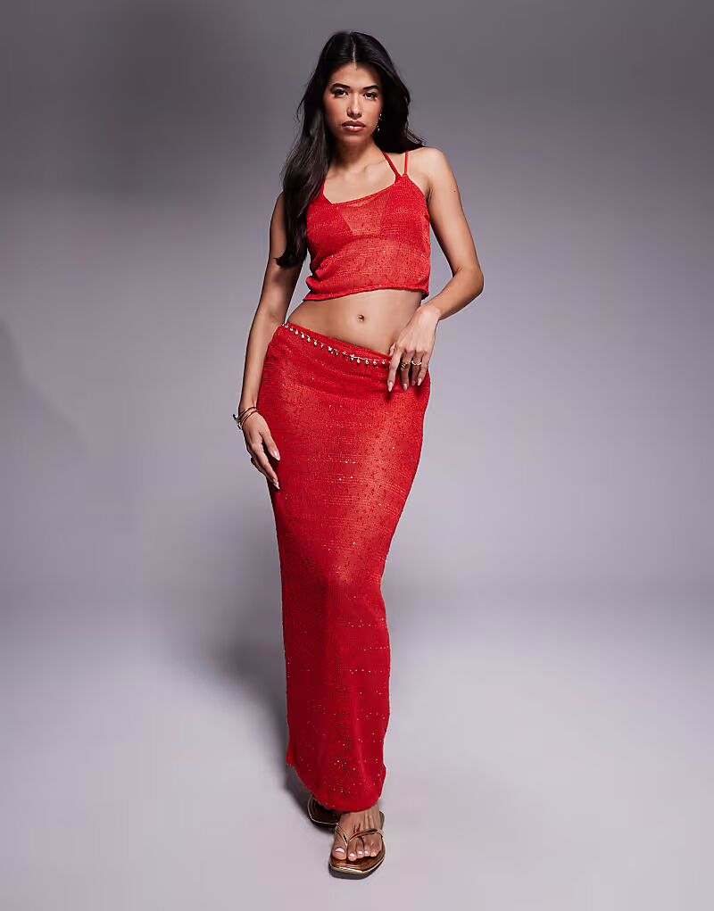 

Юбка макси South Beach из трикотажной ткани с пайетками красного цвета