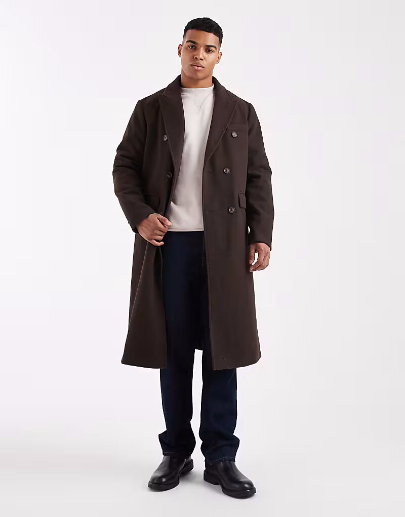 

Двубортное пальто из искусственной шерсти темно-коричневого цвета New Look
