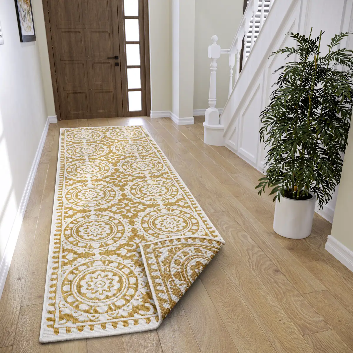 

NORTHRUGS дорожка "Jardin", прямоугольный, двусторонний ковер, для дома и улицы, винтаж, балкон, сад, гостиная, прихожая 80х350 см, охра