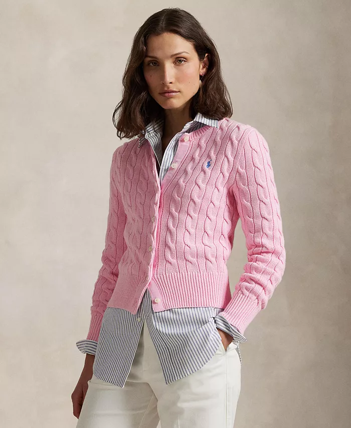 

Женский кардиган с круглым вырезом и узором "косичка" из хлопка Polo Ralph Lauren, розовый