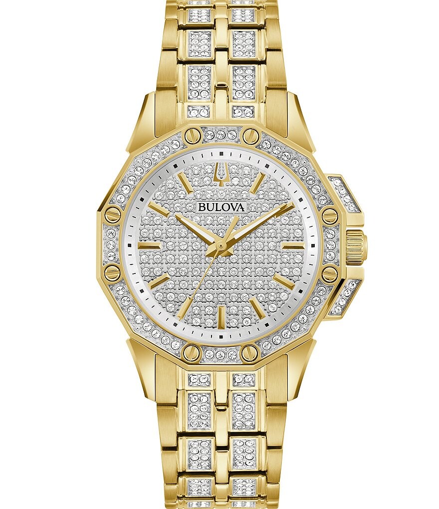 

Bulova Женские кварцевые аналоговые золотые часы с браслетом из нержавеющей стали Octava Crystal, золотой