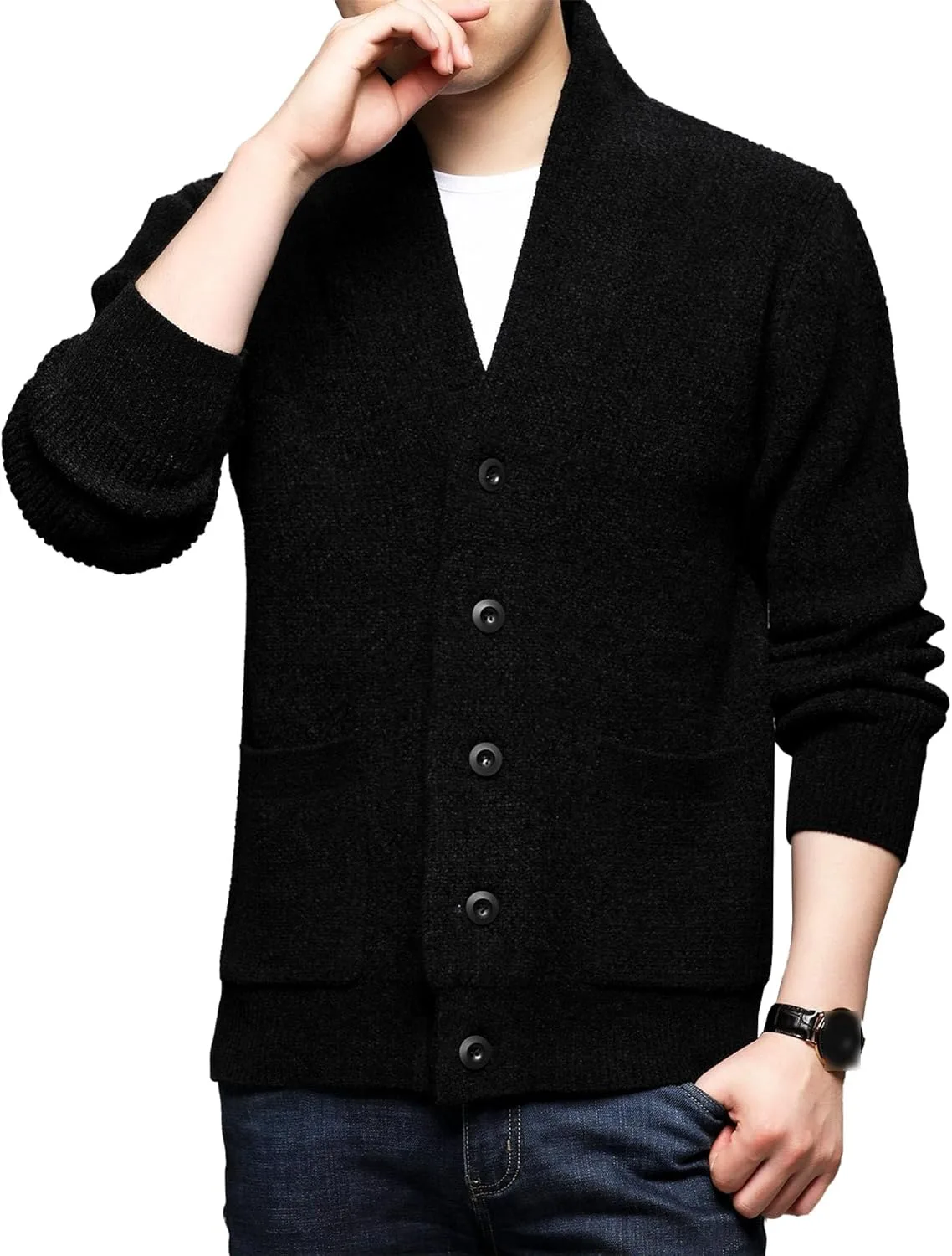 

Мужской кардиган с V-образным вырезом и двумя карманами