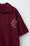 Вышитая рубашка-поло Zara, бургундия - фото 3