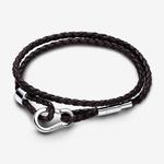 Браслет Pandora Moments Brown Braided Double Leather, серебро/кожа - фото