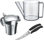 Кувшин для отделения жира WESTMARK, пластик из нержавеющей стали, (набор, 3 шт.), бытовой набор, 1 кувшин для отделения жира, 1 ножницы для птицы, 1 термосоусник Объем 1 л, серебристый/черный - фото