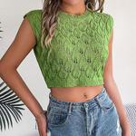 Женский летний модный укороченный топ с ажурными листьями, короткий рукав, дышащий, облегающий, вязаный Joyjoy, Khaki - фото 3