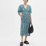 Цветочное платье миди с v-образным вырезом GANNI, синий - фото 5