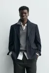 Полосатый фланелевый блейзер Zara, темно-синий - фото 2