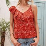 Женский топ без рукавов на тонких бретелях с рюшами спереди и принтом в горошек Anna-Kaci, Red - фото 2