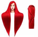 Тренировочная головка Iza 90 см красная, термоволосы + ручка, парикмахерская насадка для расчесывания, тренировочная насадка, Calissimo, красный - фото