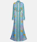 Длинное платье из шелкового твила Underwater Barocco Versace, Azur+Multicolor - фото