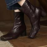 Женские ботильоны XU RI Haapy Bird ретро и комфорт сзади на молнии, с квадратным носком, средней высоты, из натуральной кожи с массивными каблуками, нос свиньи, сочетаются с любой одеждой XU RI Happy Bird, Coffee - фото 8