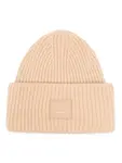 Шапка бини в рубчик с нашивкой Acne Studios, бежевый - фото