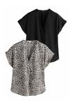 Блуза Next REGULAR FIT SHORT SLEEVE OVERHEAD V-NECK 2 PACK, Solid Black And Animal Print/Black - фото