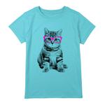 Черно-белая футболка с рисунком кота в очках для девочек 7–16 лет, синий - фото