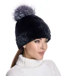 Шапка из меха рекса черного цвета с помпоном из чернобурки Maximilian, черный - фото 2