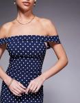 Платье миди Vesper Bardot с оборкой на подоле в тёмно-синий горошек - фото 4