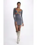 Бархатное мини-платье с длинными рукавами Amazuin, серый - фото 2