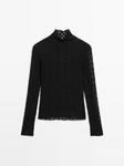 Кружевной топ с длинными рукавами Massimo Dutti, черный - фото 2