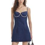 Расшитый джинсовый мини-сарафан с клешем Self-portrait, синий деним - фото