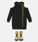 Хлопковое платье-худи с логотипом Balmain Kids, 930or-Nero/Oro - фото 2