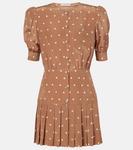 Плиссированное мини-платье из шелка в горошек Alessandra Rich, Camel-White - фото