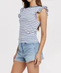 Топ Akiko с оборками на рукавах, в полоску, вырезом-лодочкой, в рубчик, темно-синий/белый Another Love - фото 3