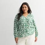 Топ с V-образным вырезом и застежкой на пуговицы, с длинными рукавами, plus size Sonoma Goods For Life, Green Jade Floral - фото