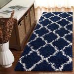 Ковер-дорожка SAFAVIEH, 69 x 366 см, Dallas Shag Collection, Navy & Ivory, узор Trellis, без ворса и простой в уходе, идеален для помещений с высокой проходимостью в гостиной, спальне (SGDS257N) - фото