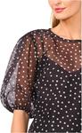 Топ CeCe Polka Dot Balloon Short Sleeve Crew Neck Top, Rich Black - фото 3
