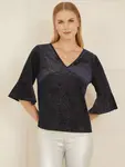 Блуза Yumi Sparkle Velvet Fluted Sleeve, темно-синий - фото