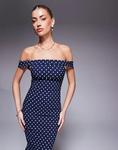 Платье миди Vesper Bardot с оборкой на подоле в тёмно-синий горошек - фото 2